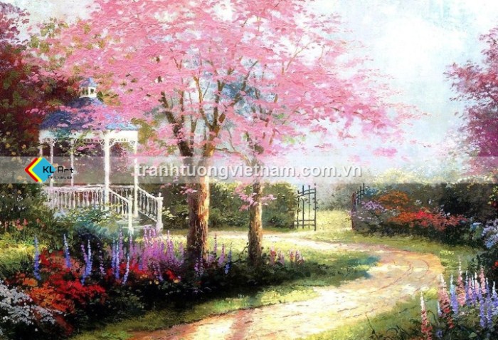 Tranh sơn dầu phong cảnh nước ngoài ngôi nhà đá hoa