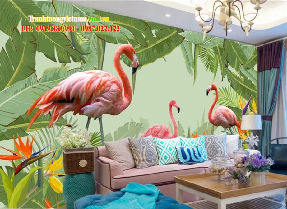 tranh tường 3d flamingo cho phòng khách