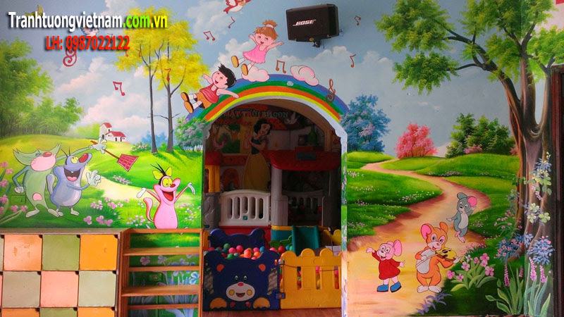 Vẽ tranh tường trường mầm non hoạt hình giá rẻ tại Hà Nội