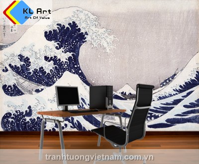 ranh tường quán cafe với mẫu tranh tường đẹp sóng biển.