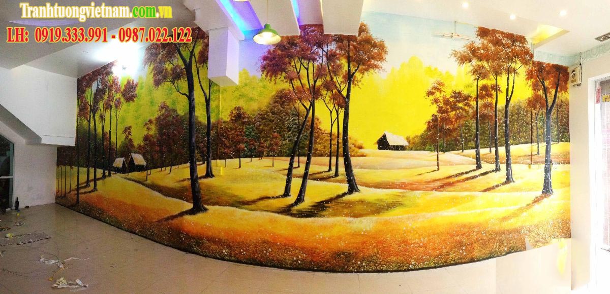 Vẽ tranh tường nhà hàng phong cảnh mùa thu