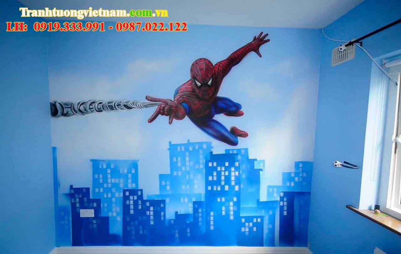 Vẽ tranh tường 3D siêu nhân phòng bé đẹp