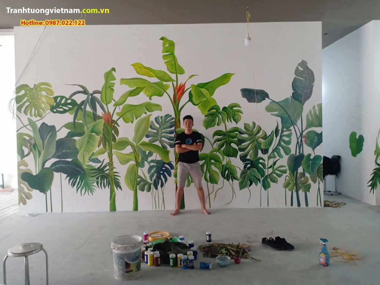Vẽ tranh tường quán trà sữa rừng nhiệt đới